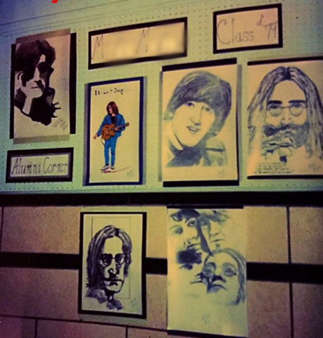Beatles wall display of Mill's art
