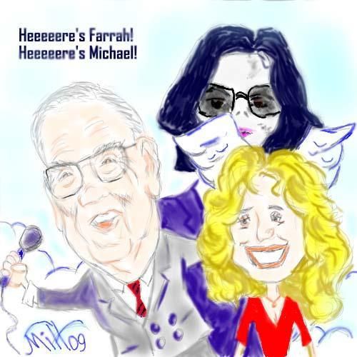 Caricature: Ed McMahon announces Michael Jackson and Farrah Fawcett into heaven