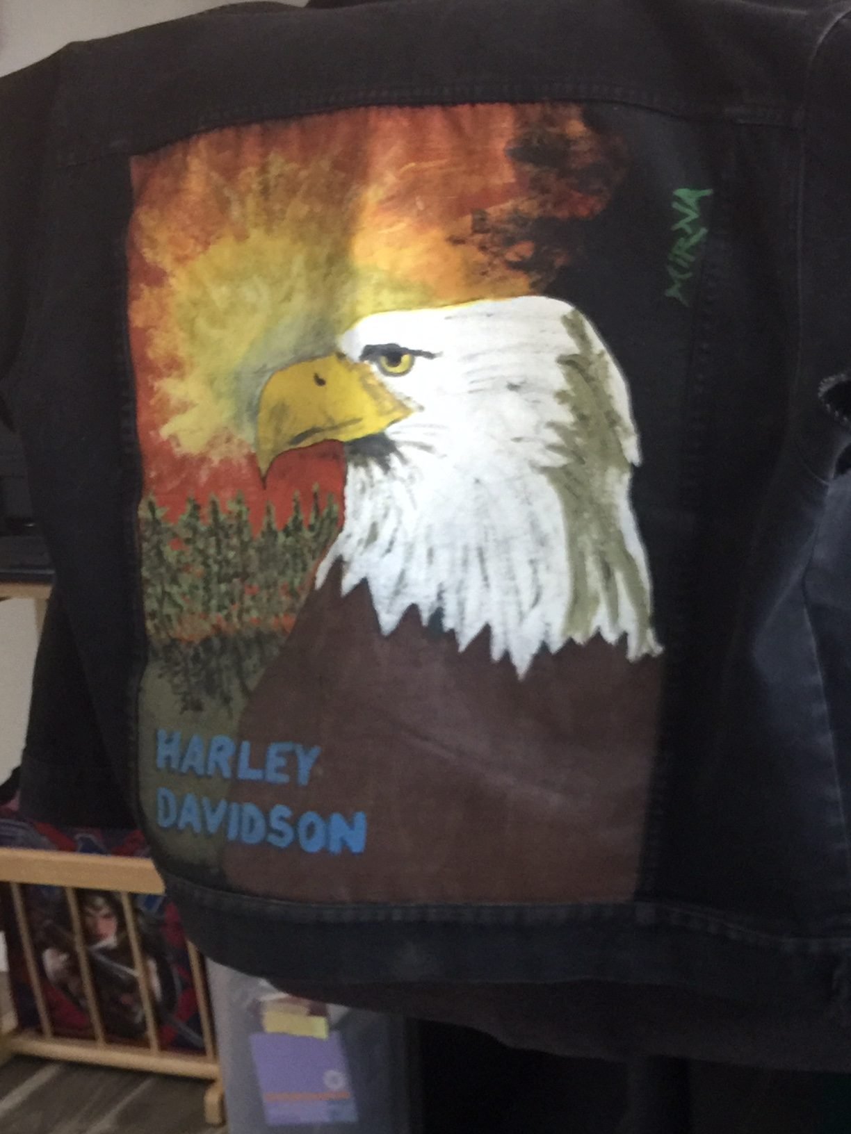 Harley Davidson bald eagle on denim jacket