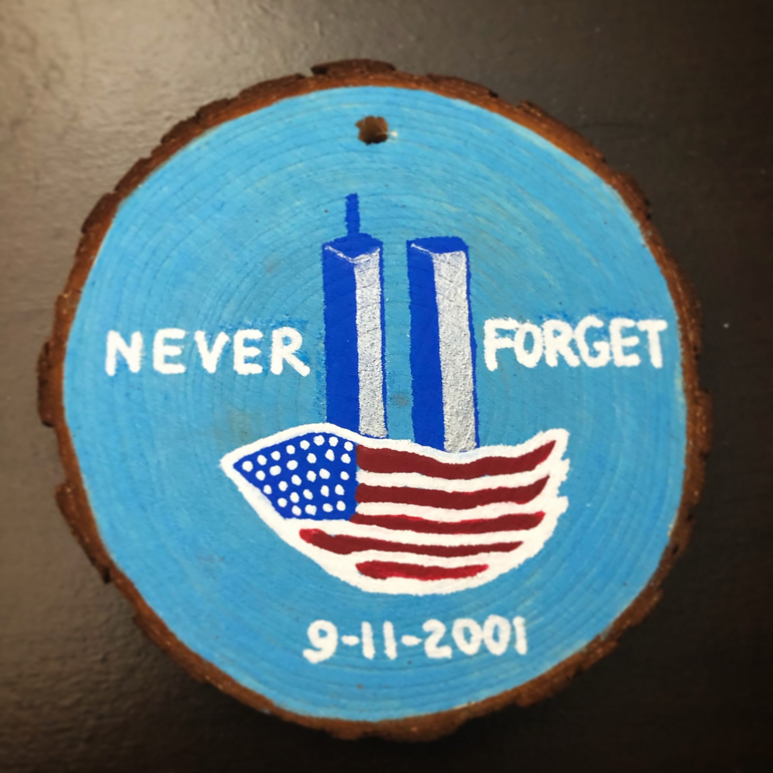 Sept 11 never forget art on wood slice