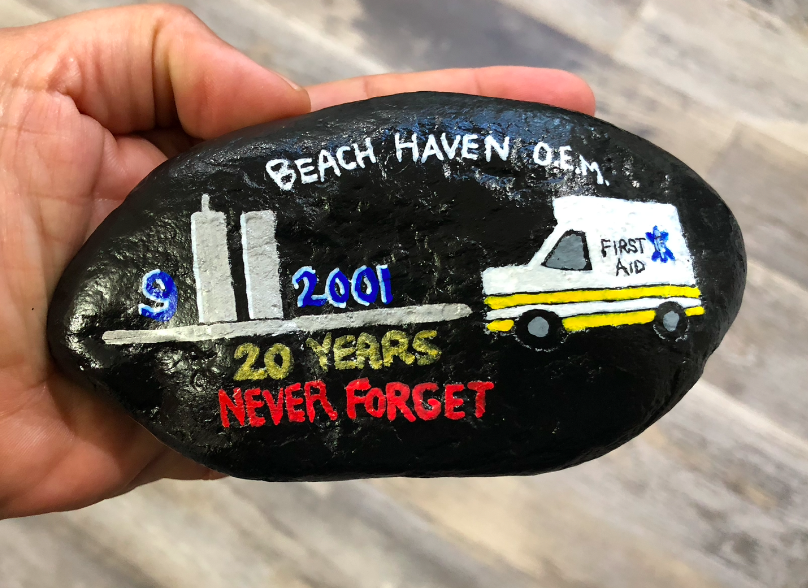 Beach Haven OEM ambulance painted on a rock commemorating Sept 11 anniversary