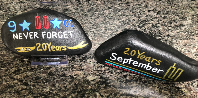 Two different September 11 hand painted memorial rocks