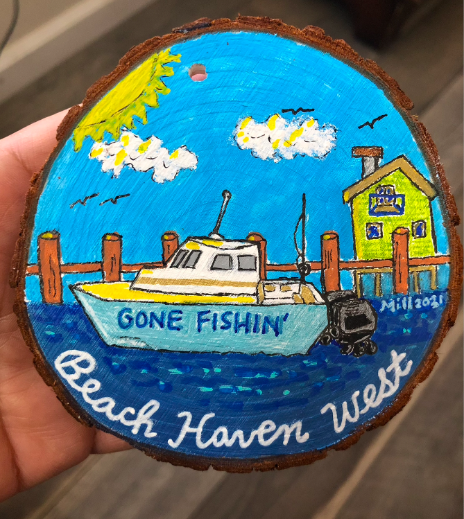 Beach Haven painted wood slice ornament