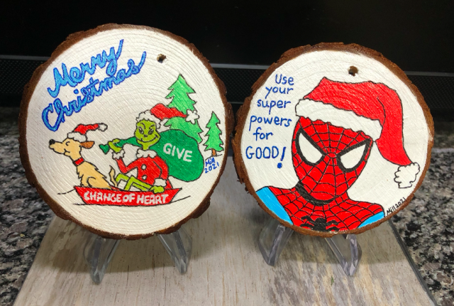 Spider-man and the Grinch hand painted wood slices