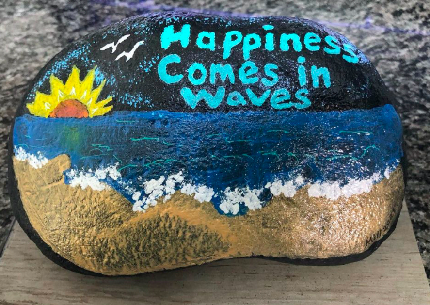 Happiness comes in waves beach scene painted rock