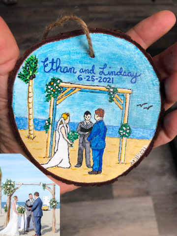 Painted wedding scene on wood slice ornament